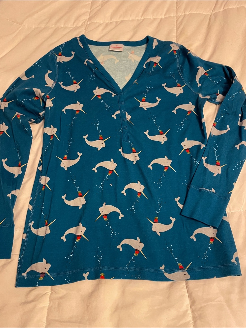 Hanna Anderson women”s' Teal Narwhal Print Long-Sleeve pajama Top size XL